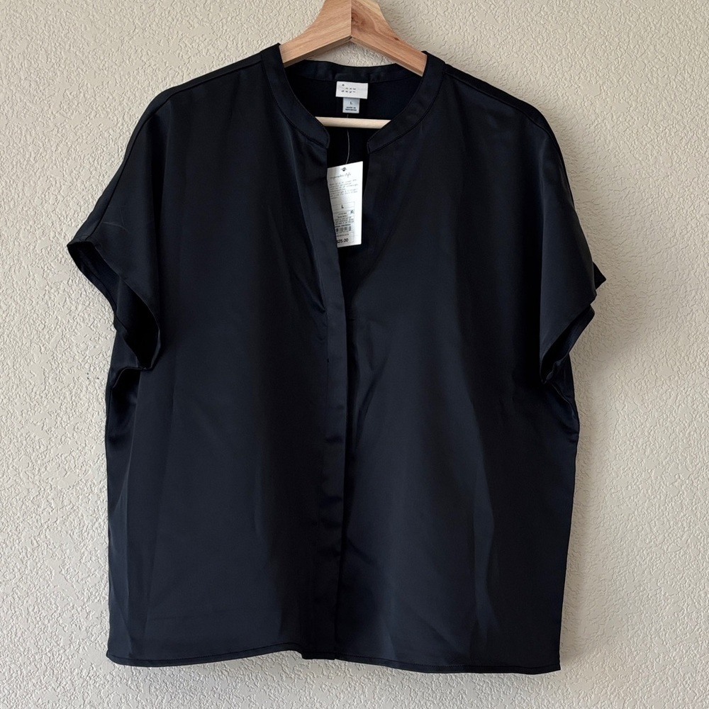 A New Day Black Short Sleeve Satin Shirt With Notch Neck. NWT